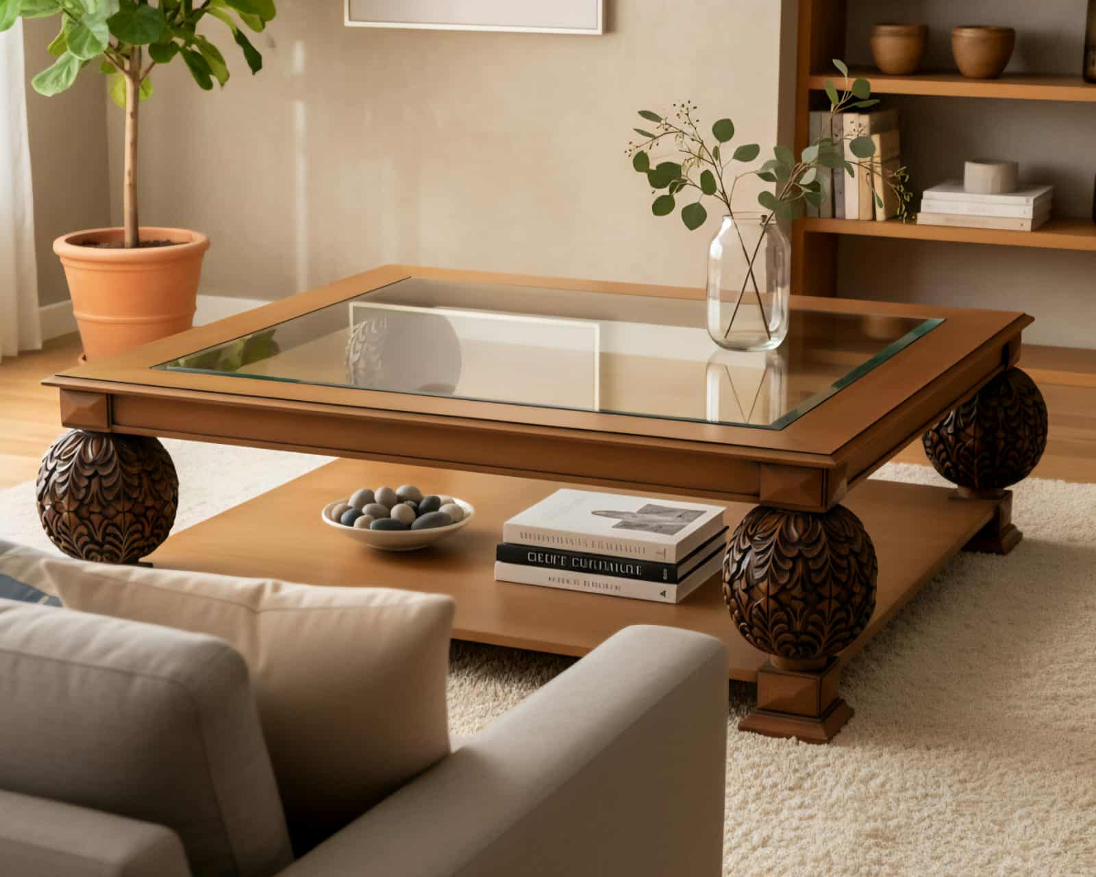 Table Basse Design Bois Sculpté & Verre