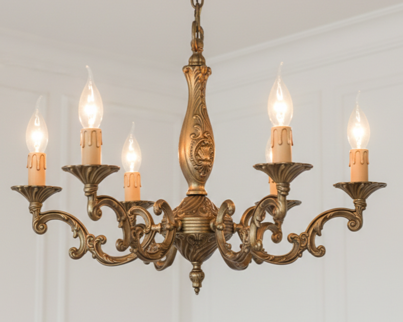 Lustre en bronze à 6 lumières avec bras à volutes et corps central élancé à médaillon décoratif