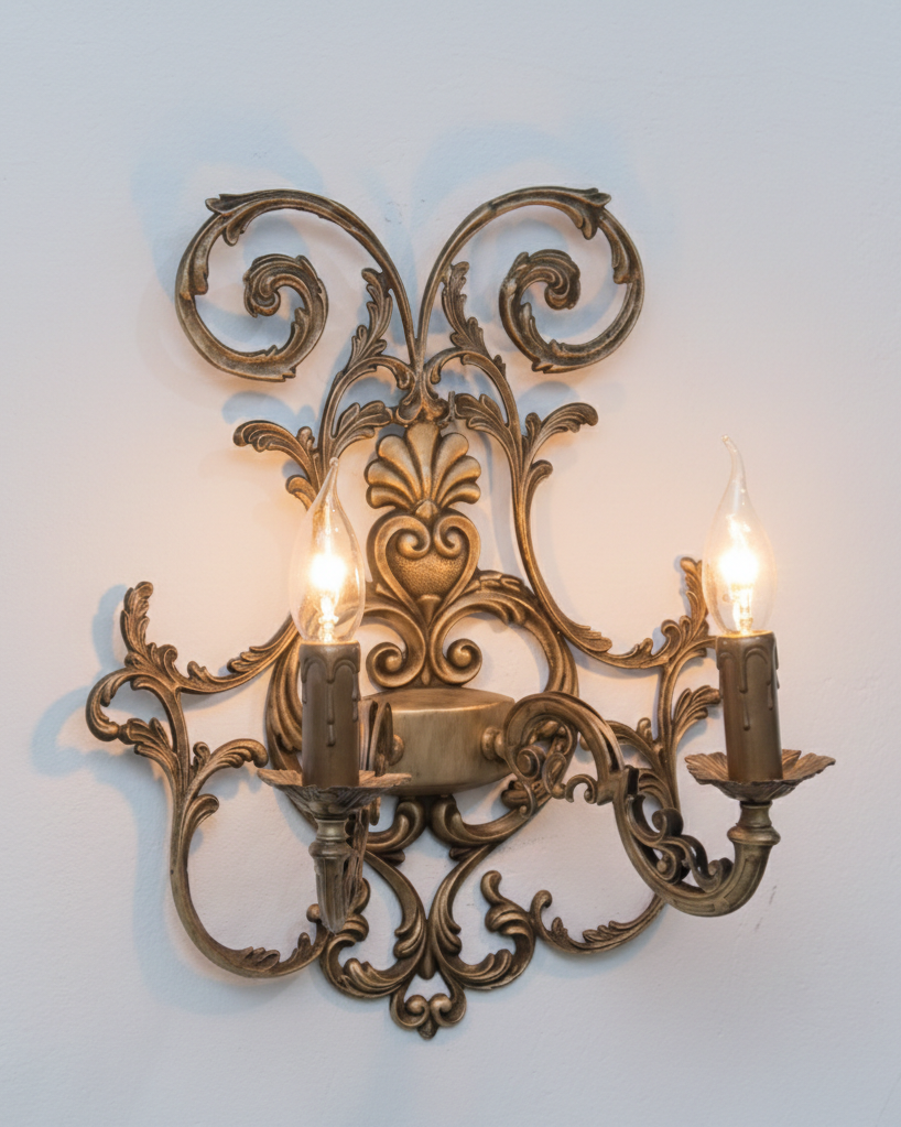 Applique murale baroque en bronze à deux lumières – Arabesques dorées