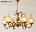 Lustre en bronze à 6 lumières avec globes arrondis à col cylindrique et bras ouvragés, diamètre 72 cm