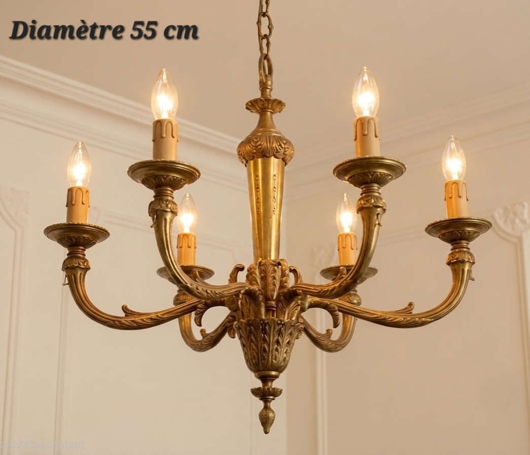 Lustre en bronze massif à 6 lumières avec bras courbés et décor de feuillage, diamètre 55 cm