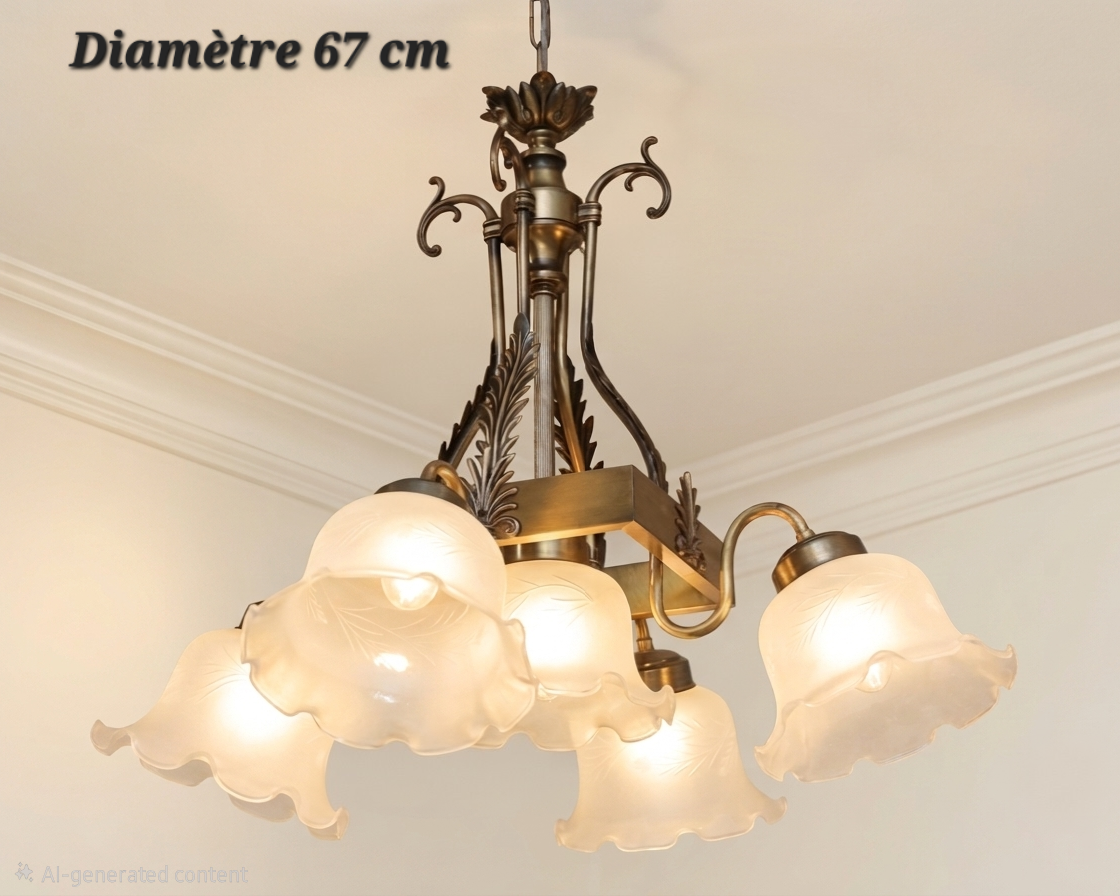 Lustre en bronze à 5 lumières avec tulipes claires aux bords ondulés et décor de feuillage, diamètre 67 cm