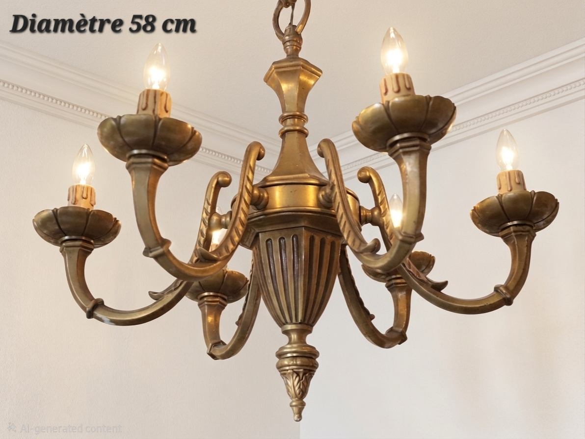 Lustre en bronze à 6 lumières, corps central cannelé et coupelles lobées, diamètre 58 cm