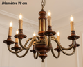 Lustre en bronze et bois à 8 lampes, diamètre 70 cm, avec bras courbés et coupelles en bois sombre