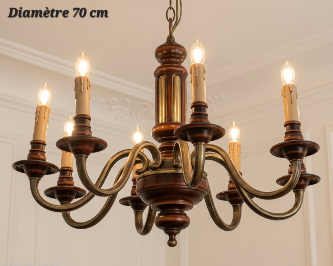 Lustre en bronze et bois à 8 lampes, diamètre 70 cm, avec bras courbés et coupelles en bois sombre