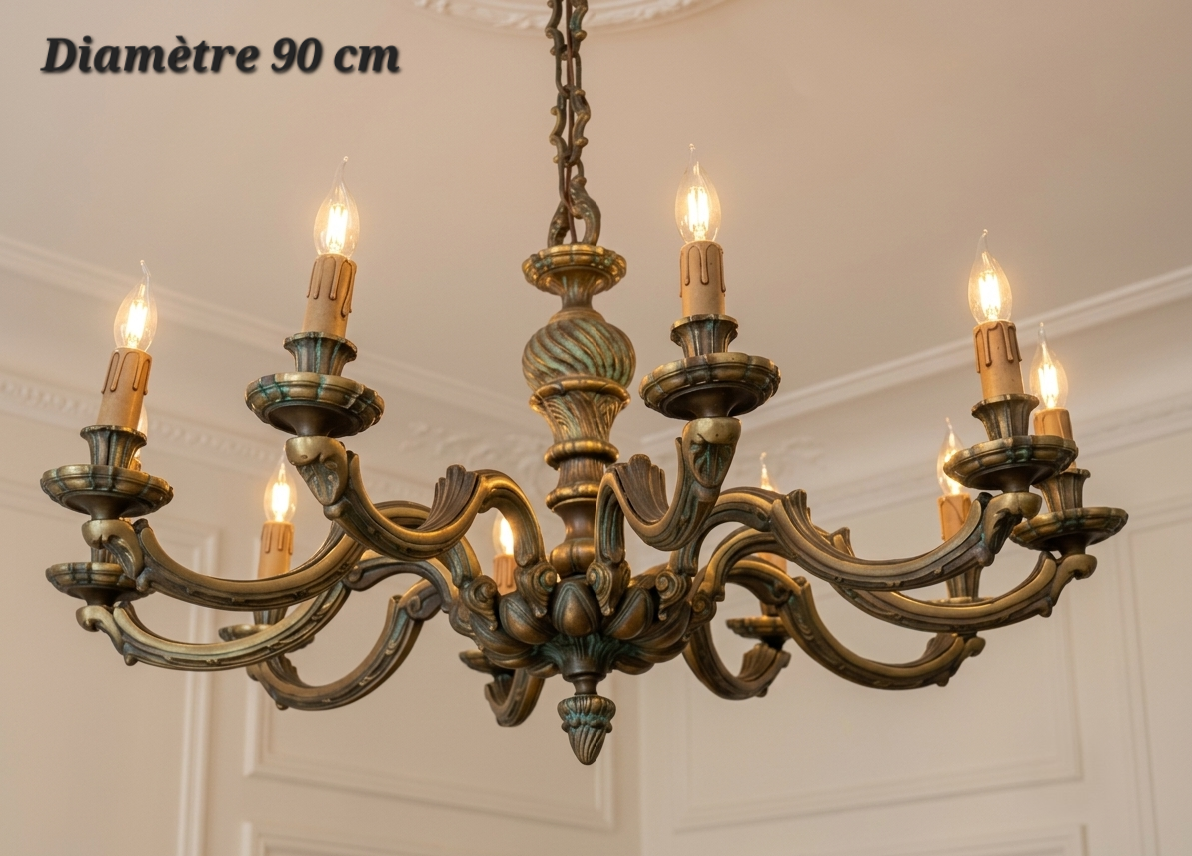 Lustre en bronze massif à 10 lampes, diamètre 90 cm, aux bras courbés et ornements sculptés