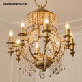Lustre en bronze et cristal à 8 lampes, diamètre 50 cm, orné de pampilles transparentes et mauves