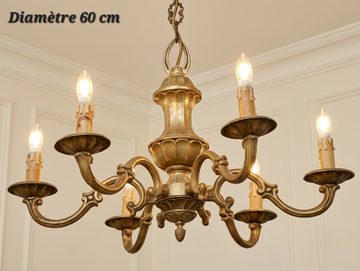 Lustre en bronze à 6 lampes, bras à volutes et diamètre 60 cm