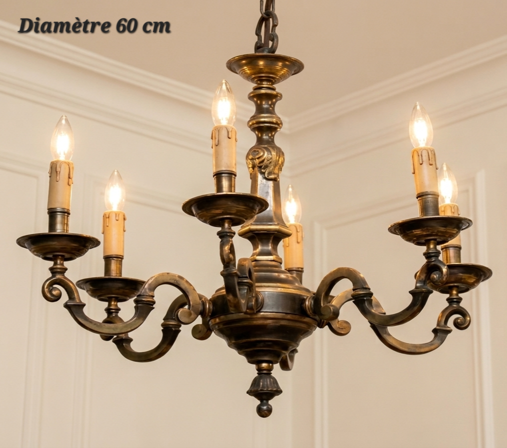 Lustre classique à 6 lampes en bronze, bras courbés et diamètre de 60 cm