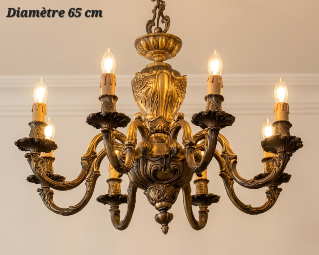 Lustre en bronze à huit lampes avec ornements en relief, diamètre 65 cm