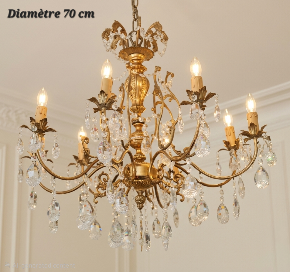 Lustre en laiton et cristal à 8 lampes, diamètre 70 cm