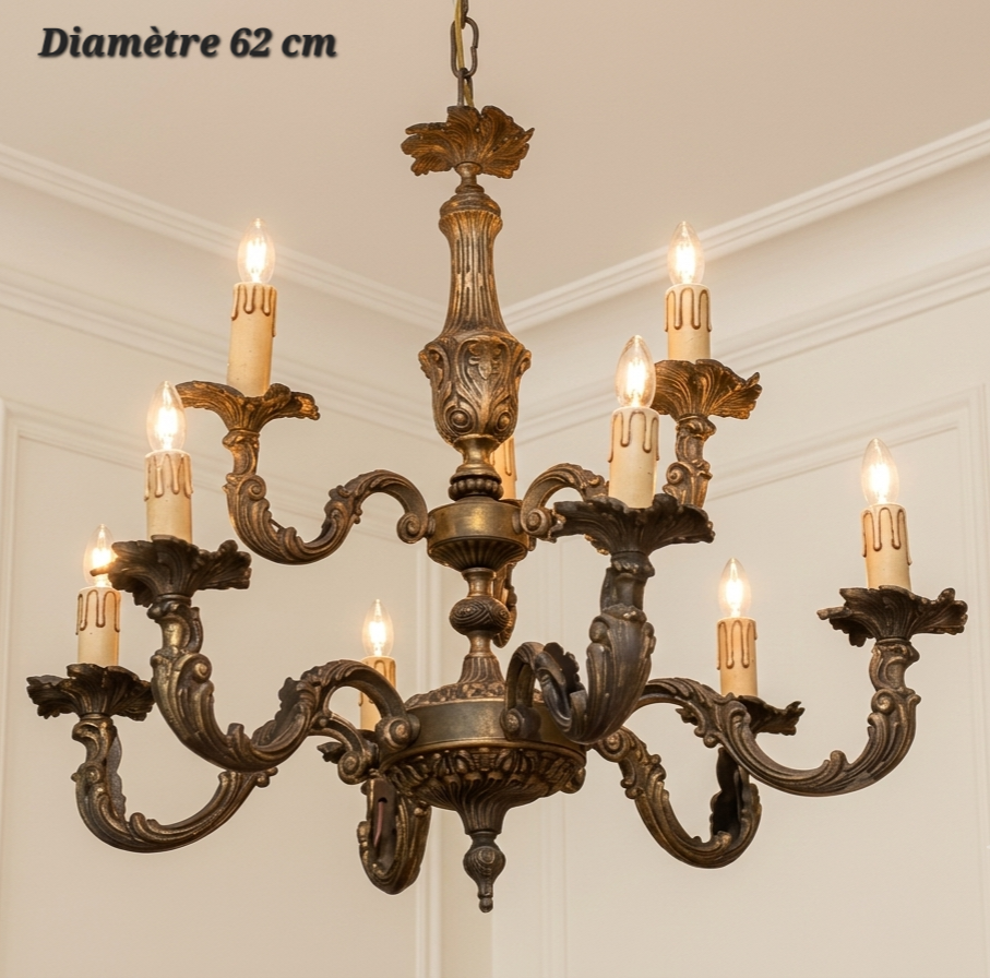 Lustre en bronze à 9 lampes (6 + 3), diamètre 62 cm