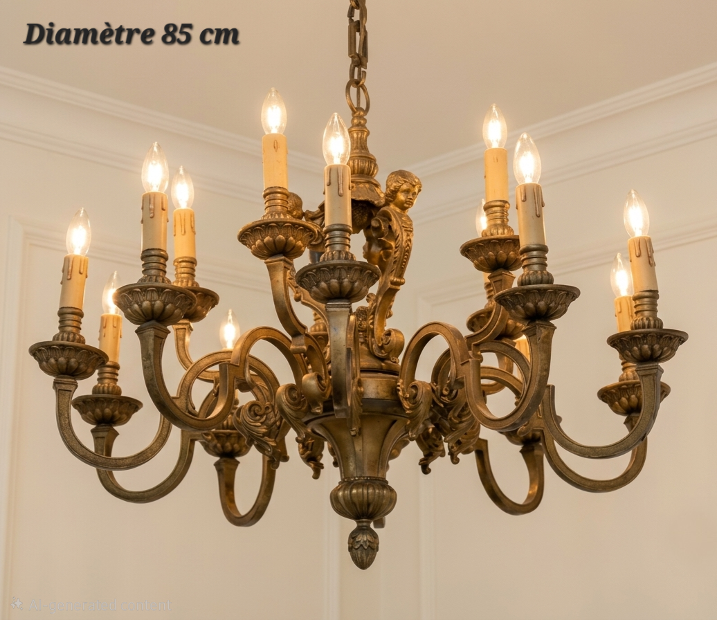Lustre en bronze massif à angelot, 15 lampes (10 + 5), diamètre 85 cm