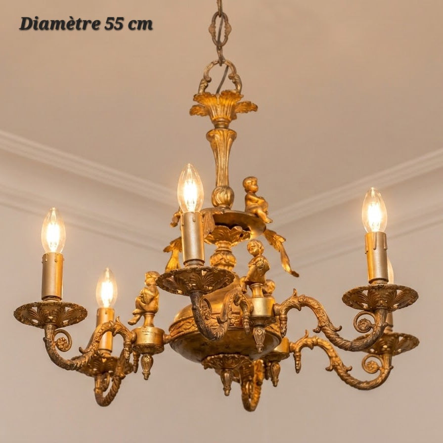 Lustre en bronze à angelots, 6 lampes – Ø 55 cm