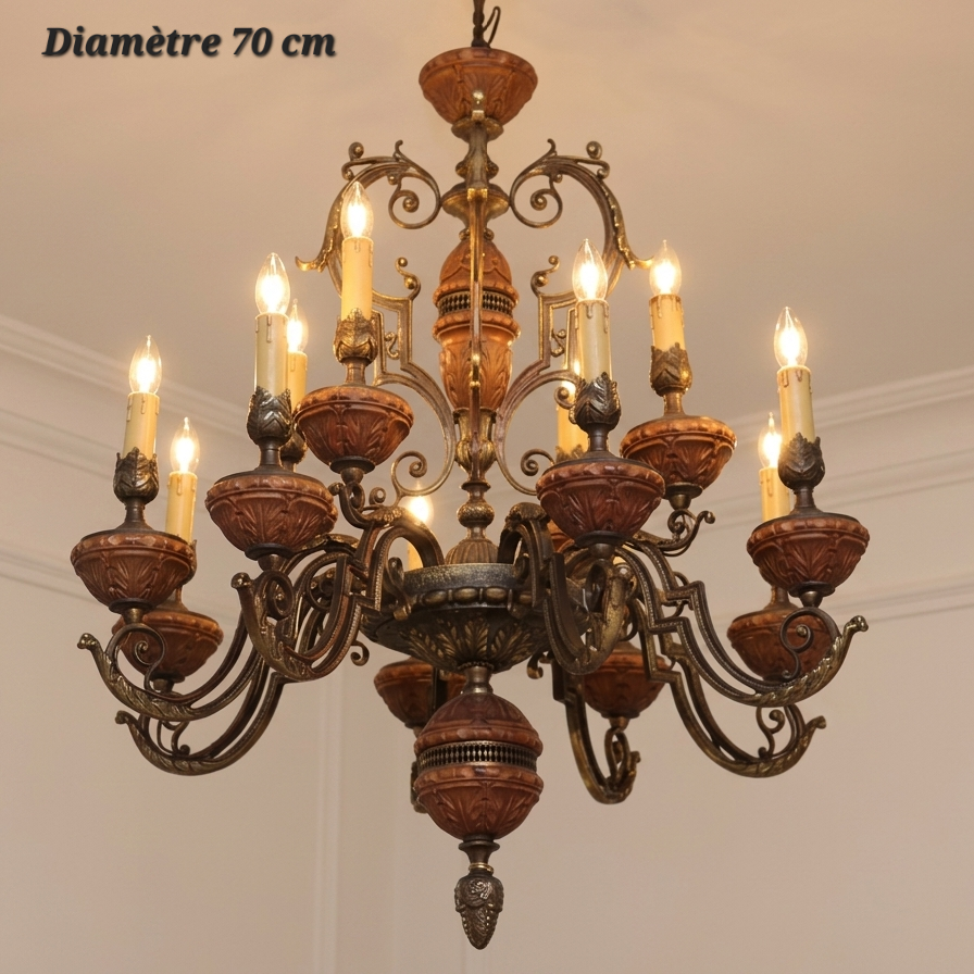 Lustre en bronze et bois à 8 + 4 lampes – Ø 70 cm