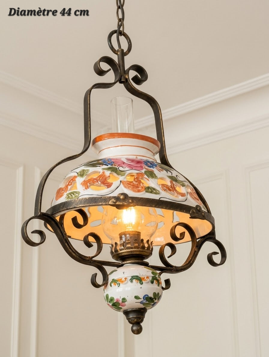 Suspension en fer forgé sombre et céramique fleurie multicolore, diamètre 44 cm