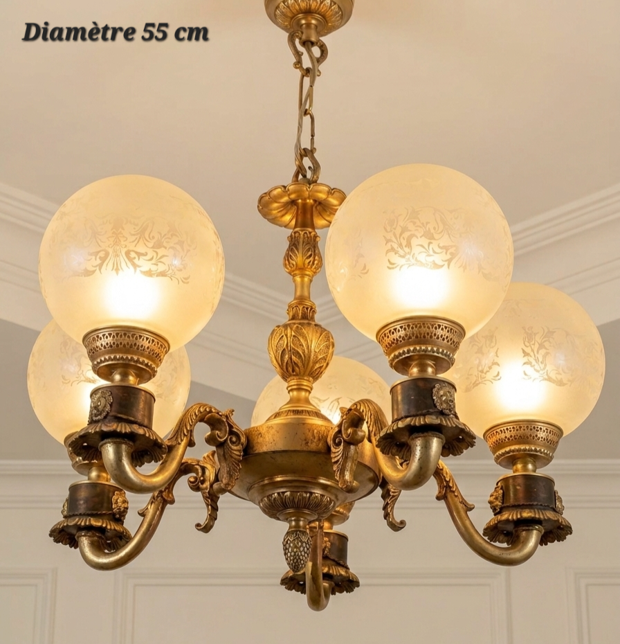 Lustre en bronze à 5 lampes – Diamètre 55 cm