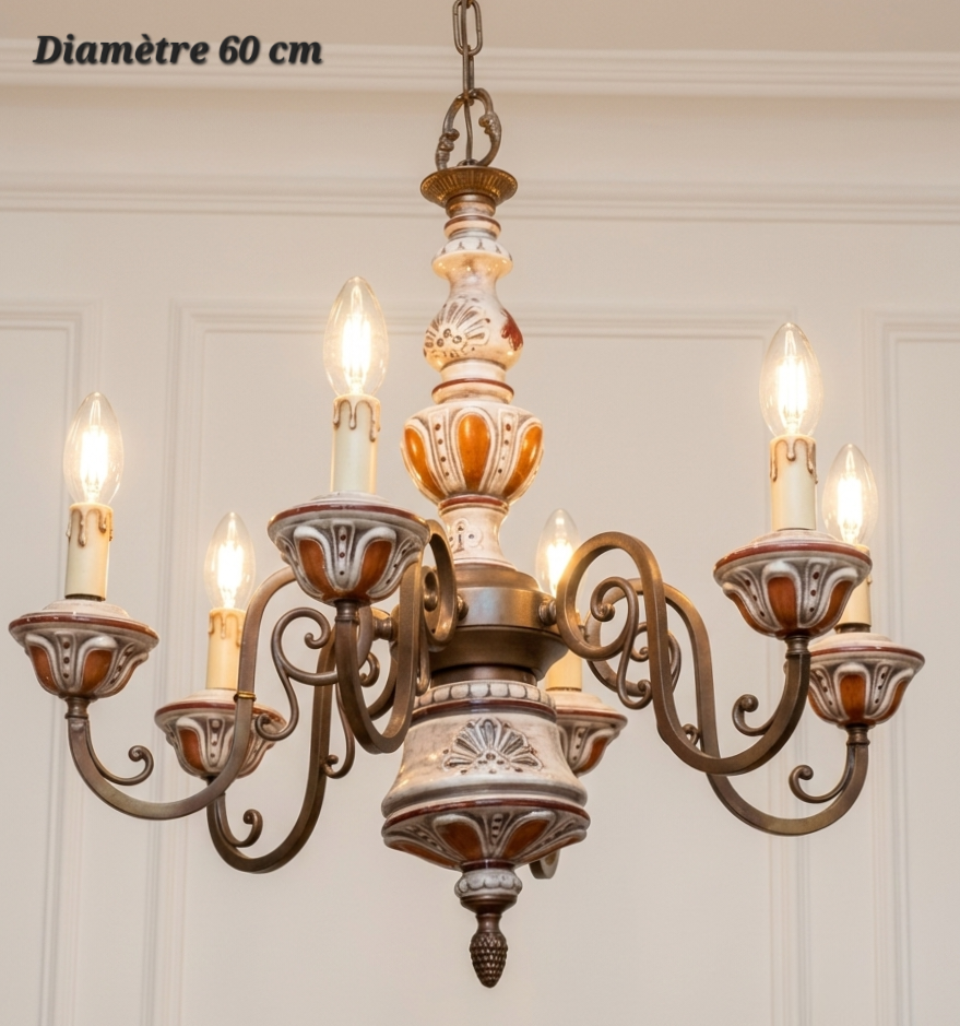 Lustre en porcelaine et bronze à 6 lampes – Diamètre 60 cm
