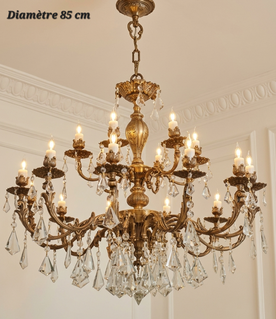 Lustre bronze et cristal 18 lampes (12 + 6) – Diamètre 85 cm