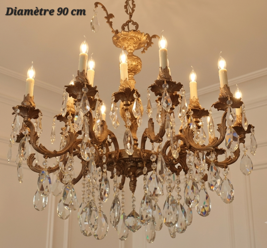 Lustre bronze et cristal 18 lampes (9 + 9) – Diamètre 90 cm
