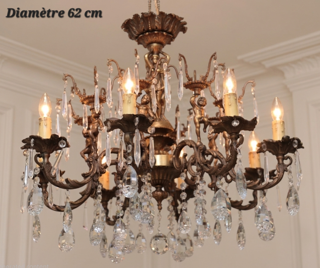 Lustre bronze et cristal 8 lampes – Diamètre 62 cm