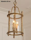 Suspension lanterne cylindrique en bronze à bordures perlées et parois transparentes, diamètre 20 cm