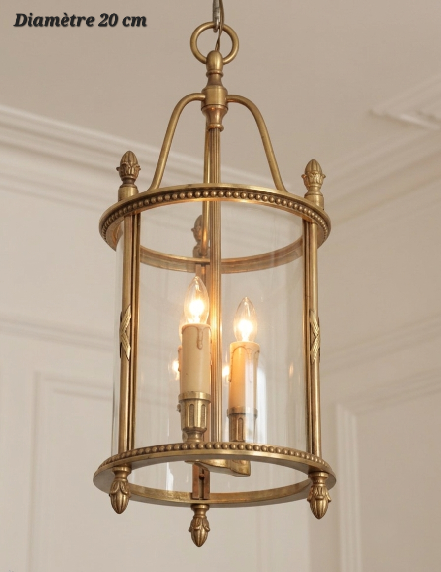 Suspension lanterne cylindrique en bronze à bordures perlées et parois transparentes, diamètre 20 cm