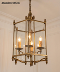 Suspension lanterne en bronze à panneaux transparents et lumières façon bougies, diamètre 30 cm