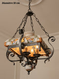 Lustre en fer forgé sombre et céramique à décor floral multicolore, diamètre 50 cm