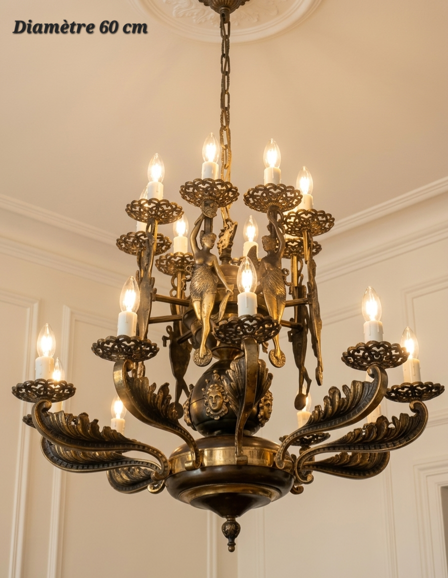 Lustre en bronze 18 lampes (10 + 8) – Diamètre 60 cm
