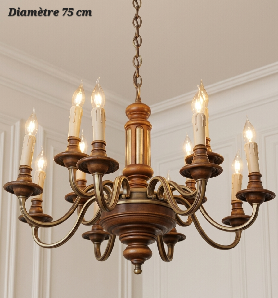 Lustre en bois et bronze 12 lampes (8 + 4) – Diamètre 75 cm