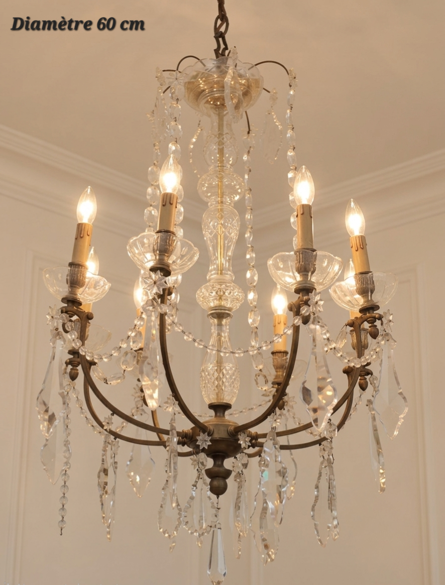 Lustre bronze et cristal 8 lampes – Diamètre 60 cm