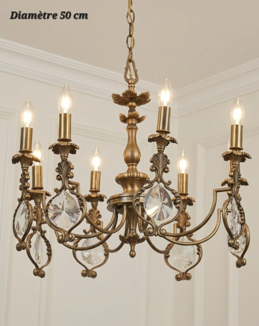 Lustre en bronze à médaillons de cristal 6 lampes – Diamètre 50 cm