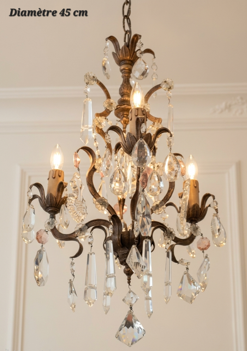 Lustre en fer forgé et cristal 3 lampes – Diamètre 45 cm