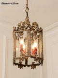 Suspension lanterne en bronze et verre sablé à motifs, monture ornementée, diamètre 25 cm