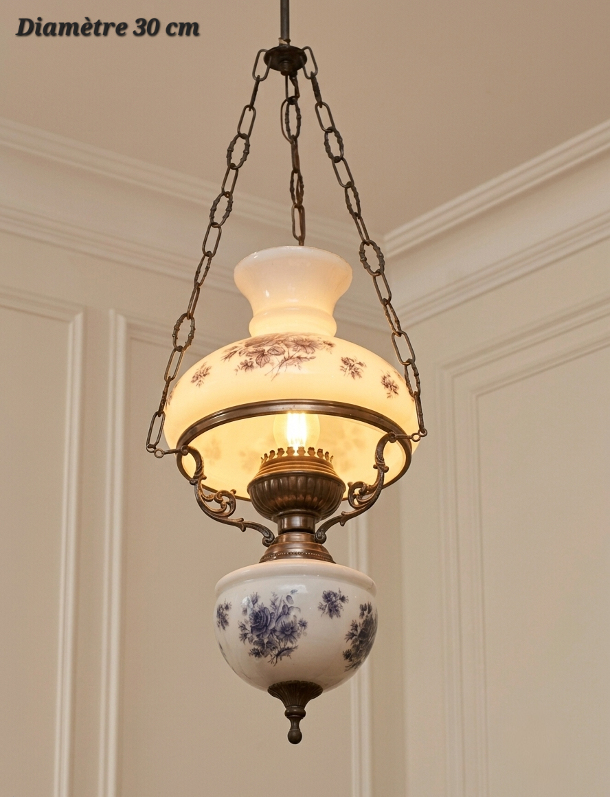 Suspension en bronze et opaline claire à motifs floraux mauves, diamètre 30 cm