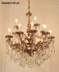 Lustre antique bronze et cristal 15 lampes (10 + 5) – Diamètre 60 cm