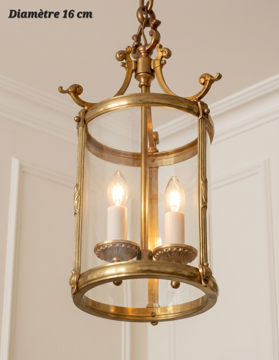 Suspension lanterne cylindrique en bronze à parois transparentes, diamètre 16 cm