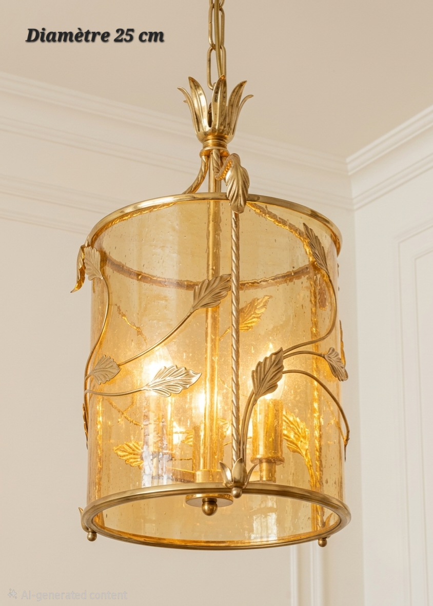 Lanterne cylindrique suspendue en laiton à décor de feuillage et parois ambrées, diamètre 25 cm