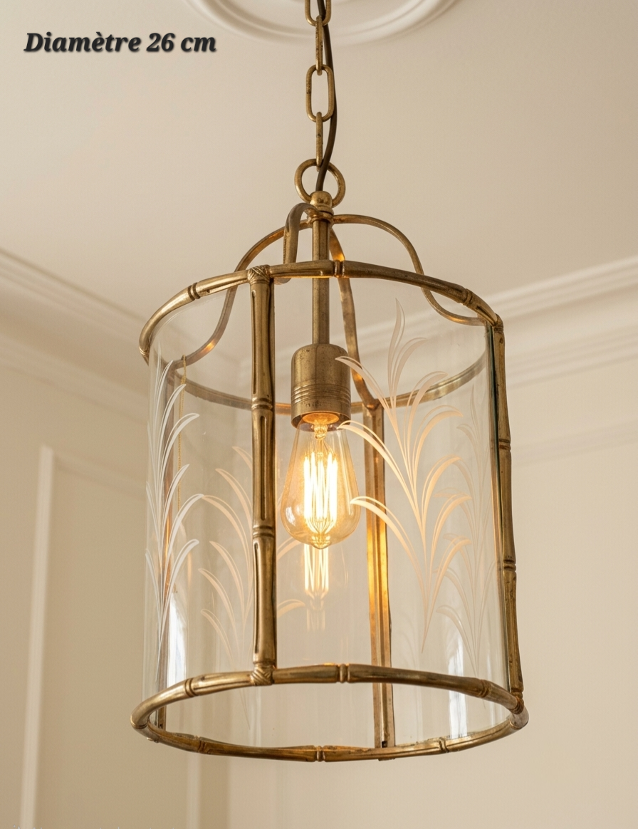 Lanterne cylindrique suspendue en bronze, parois transparentes à motifs végétaux, diamètre 26 cm