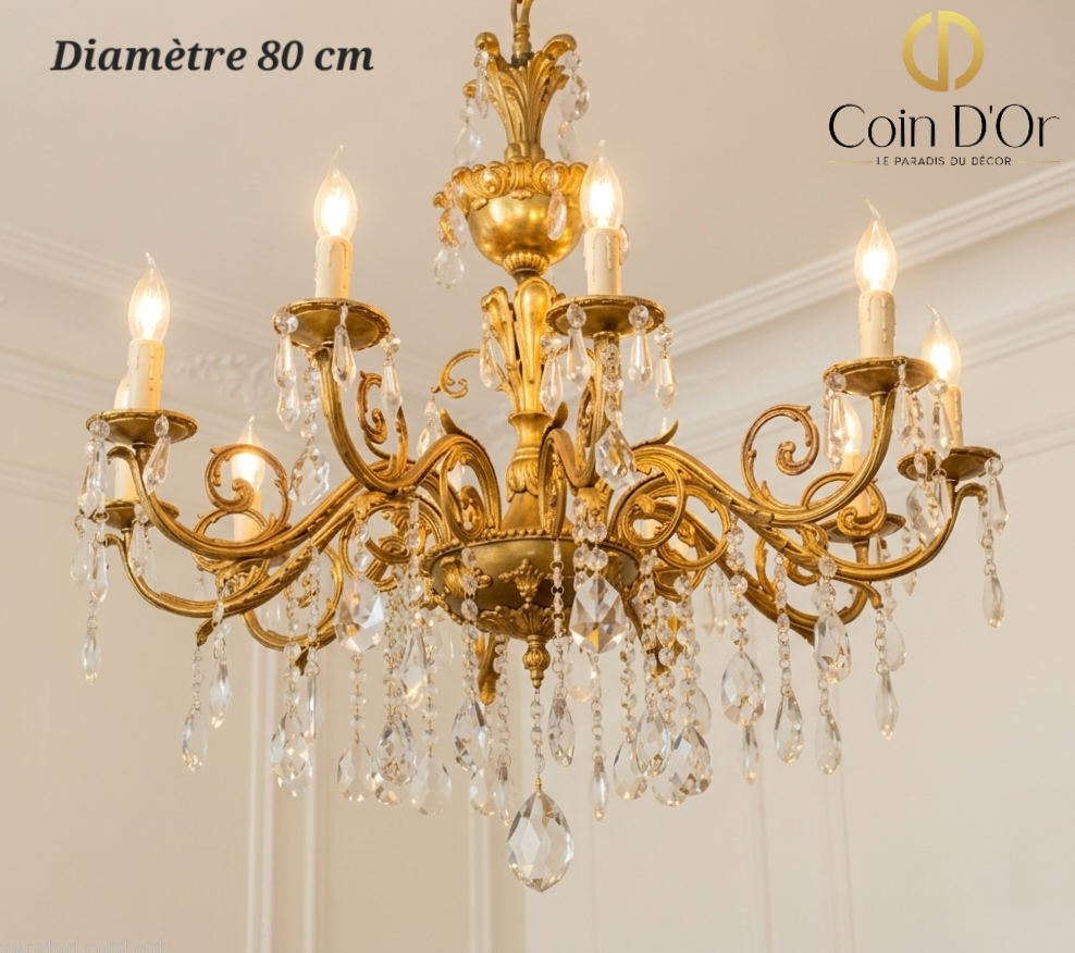 Lustre antique bronze et cristal 10 lampes – Diamètre 80 cm