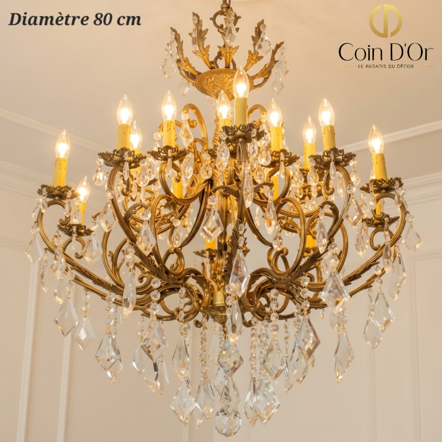 Lustre antique bronze et cristal 20 lampes – Diamètre 80 cm