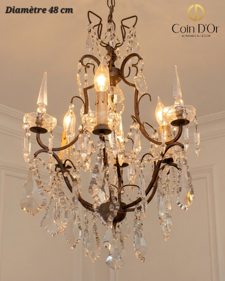 Lustre antique à pampilles 3 lampes – Diamètre 48 cm