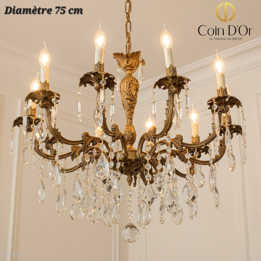 Lustre 8 branches doré à pampilles – Diamètre 75 cm
