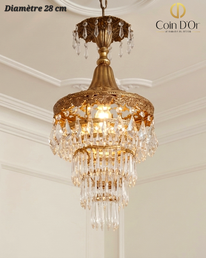Lustre en bronze et cristal à pampilles en cascade, diamètre 28 cm