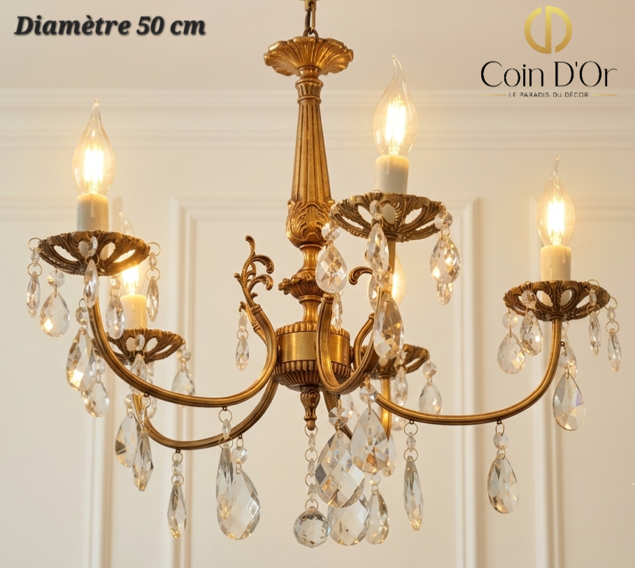 Lustre doré à pampilles – Diamètre 50 cm