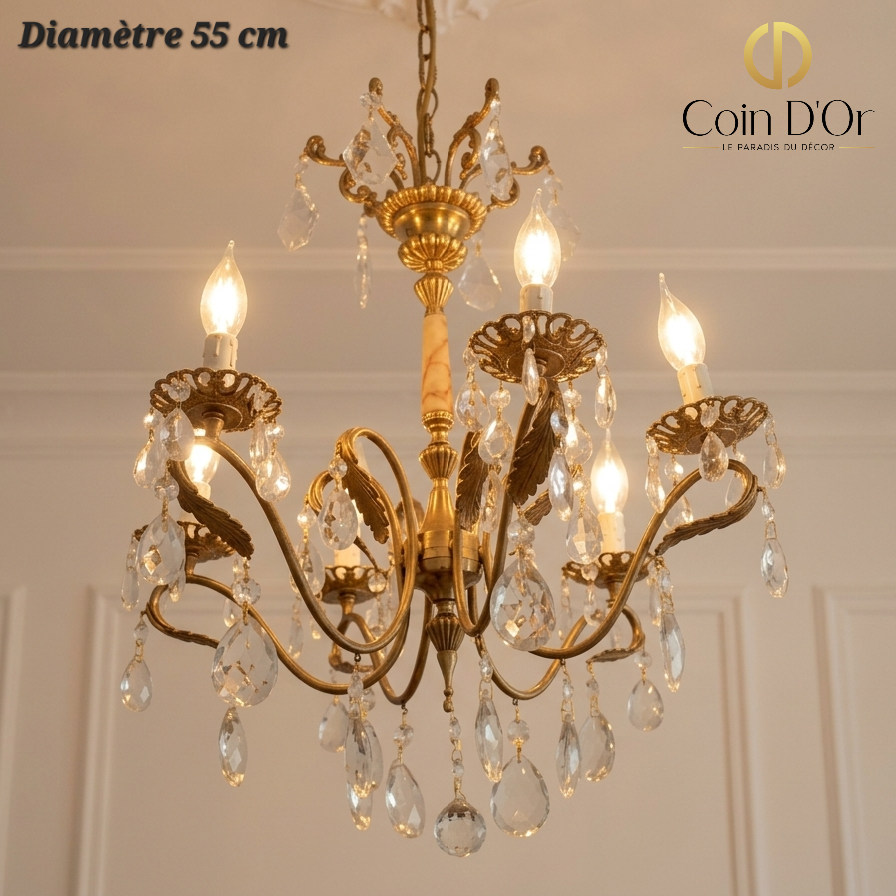 Lustre doré à pampilles – Diamètre 55 cm