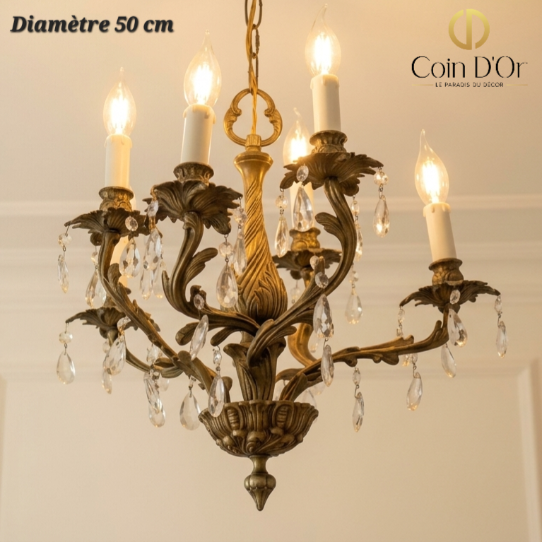 Lustre 6 branches bronze à pampilles – Diamètre 50 cm