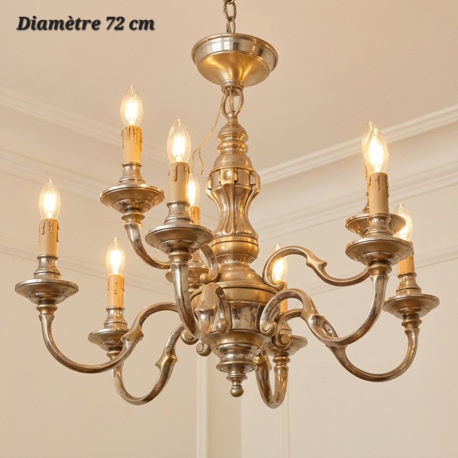 Lustre en bronze plaqué argent à 6 + 3 lampes – Diamètre 72 cm
