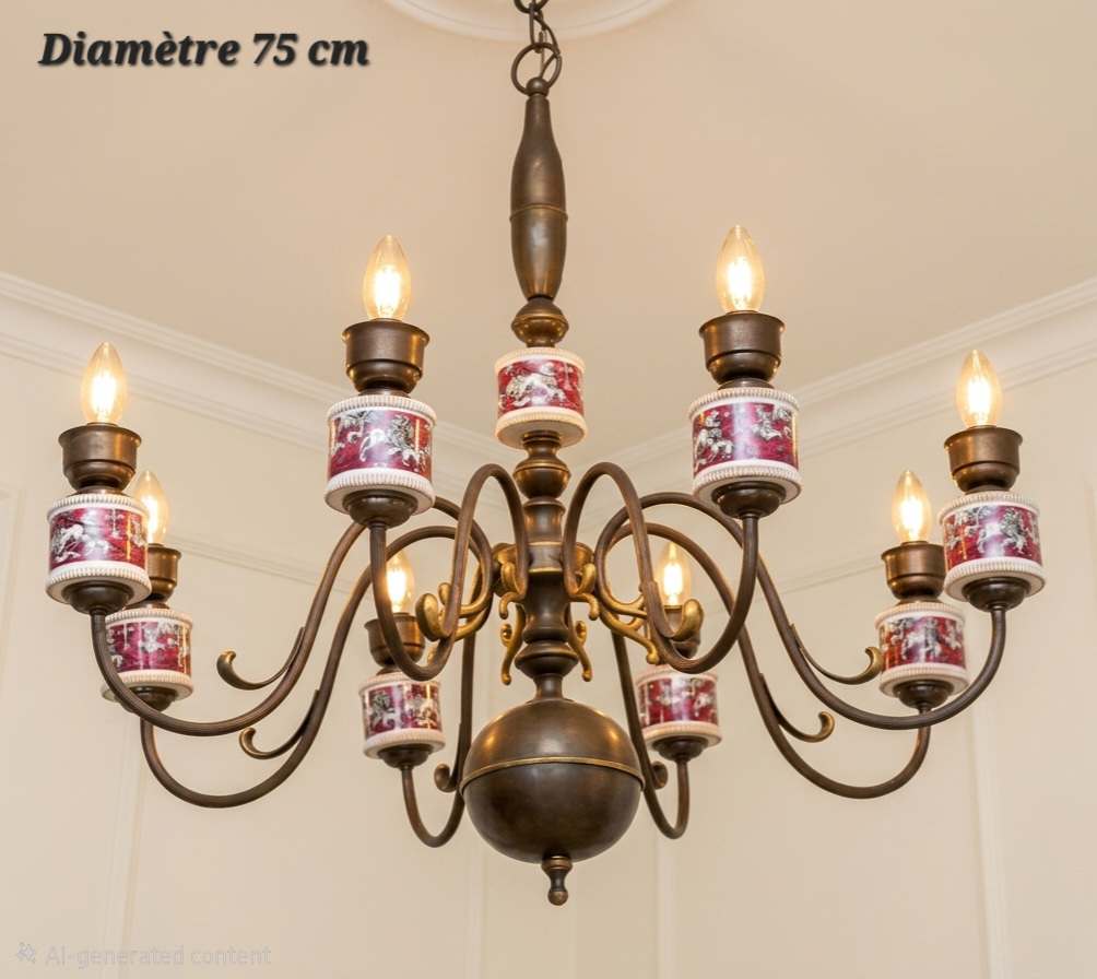 Lustre en porcelaine et bronze à 8 lampes – Diamètre 75 cm